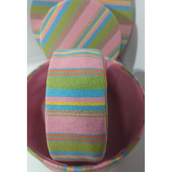 Set/ 2 Nesting Boxes Fabric Covered Round Stripe Pink Lime Aqua Yellow - Picture 6 of 13